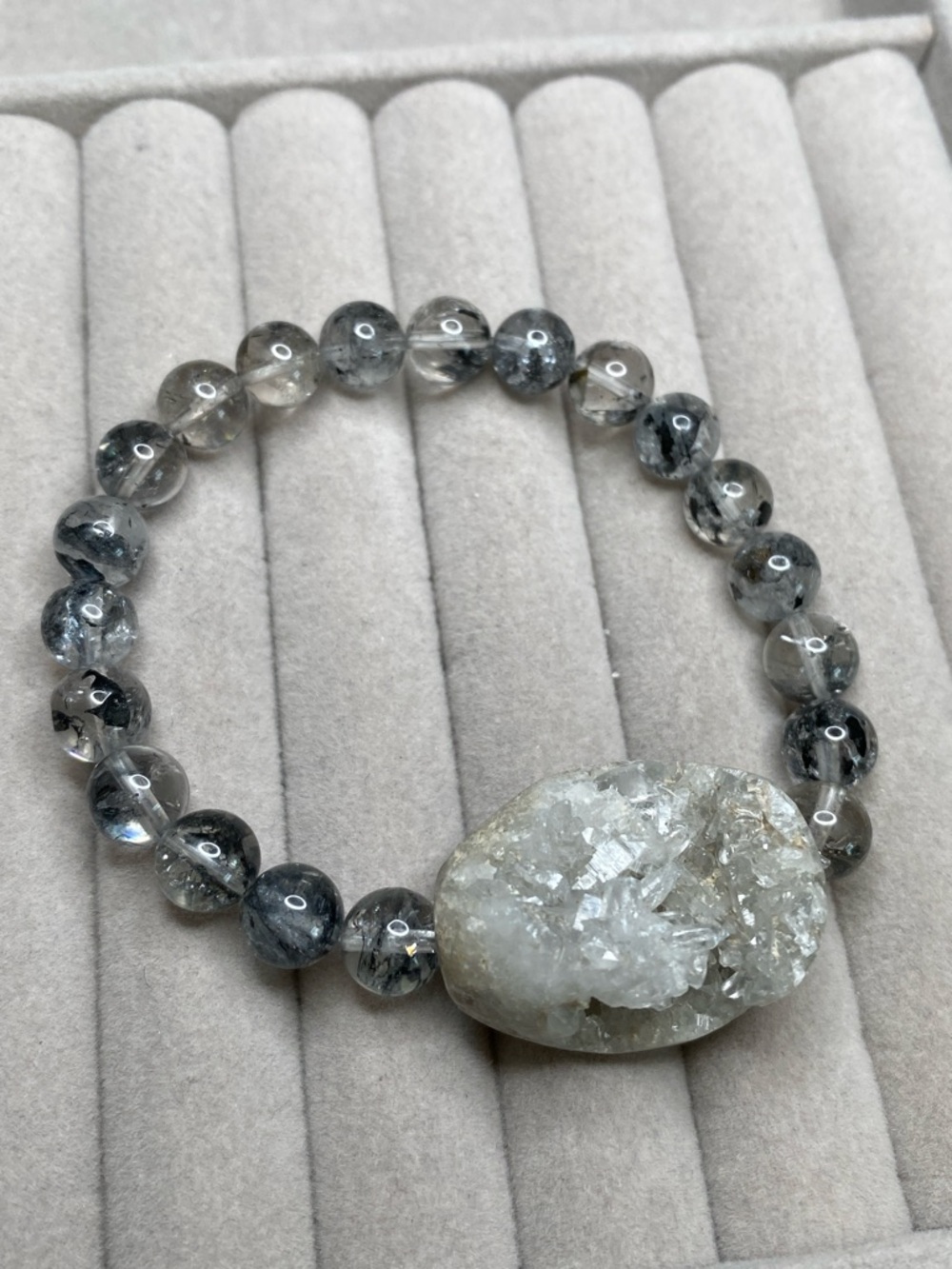 Raw Apophyllite Crystal Centerpiece & Tourmalinated Quartz Bracelet